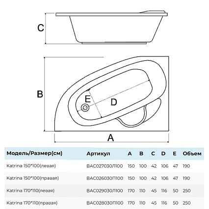 Акриловая ванна Alba Spa Katrina 150x100 R белый ВАС026030П100