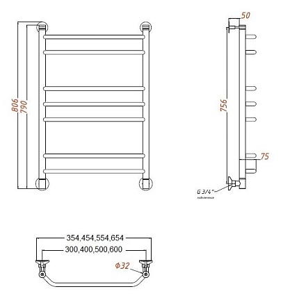 Полотенцесушитель водяной Aquanet Fiona(г) 30x80 см, 7 секций