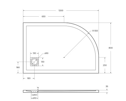 Поддон для душа BelBagno TRAY-MR-UNO-RH-120/80-550-35-W-R-CR 120x80 четверть круга, правый