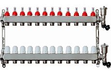 Коллекторная группа с расходомерами Grosseto 1&quot;x3/4&quot;, 12 выходов, нержавеющая сталь, 10 бар, универсальный кронштейн 2042988