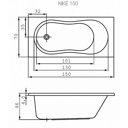 Акриловая ванна Cersanit Nike 150x70 см ультра белая