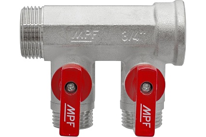 Коллектор с отсекающими кранами MPF 2 выхода х3/4", х1/2" наружная резьба ИС.071071