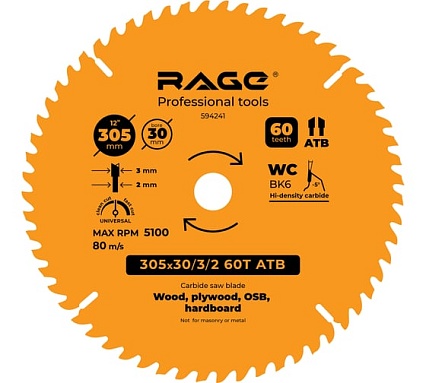 Диск пильный универсальный 305 мм (12”), Z60, посадка 30 мм RAGE By VIRA 594241