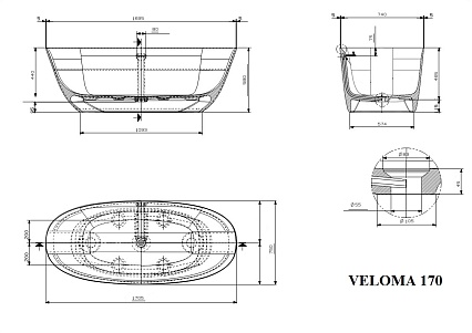 Ванна из искусственного камня Plumberia Selection Veloma 170BN 170x75 см белый матовый/черный