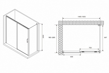 Душевой уголок Abber Komfort AG93150B-S102B 150x100 профиль черный