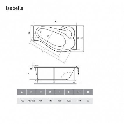 Акриловая ванна Relisan Isabella 170x90 см L/R