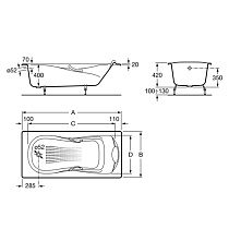 Чугунная ванна Roca Haiti 150x80 см 2332G000R с отверстиями для ручек и противоскользящим покрытием