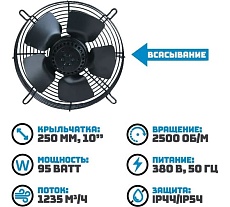 Осевой вентилятор АРКАИМ 250 мм, 380 Вольт. Поток: всасывание. YWF2D-250S-92/25-G