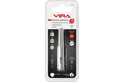 Коронка алмазная по керамике 10 мм, трехгранный хвостовик VIRA 559514