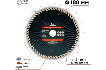 Диск алмазный отрезной сплошной турбо-волна по бетону и камню Prof Diamond 180x22.2/7x2.8мм TORGWIN S83230