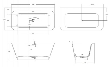 Ванна из искусственного камня Cezares Liner 170x80 см белый матовый CZR-LINER-170-80-60-SSB