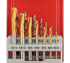 Набор спиральных машинных метчиков H-Tools M3-M12 HSSE-TiN DIN371/376 + сверла 14пр 245053THT