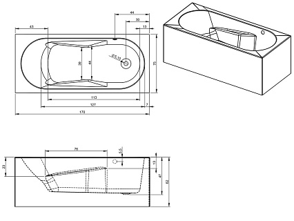 Акриловая ванна Riho Lazy Plug & Play 170x75 см L, с монолитной панелью