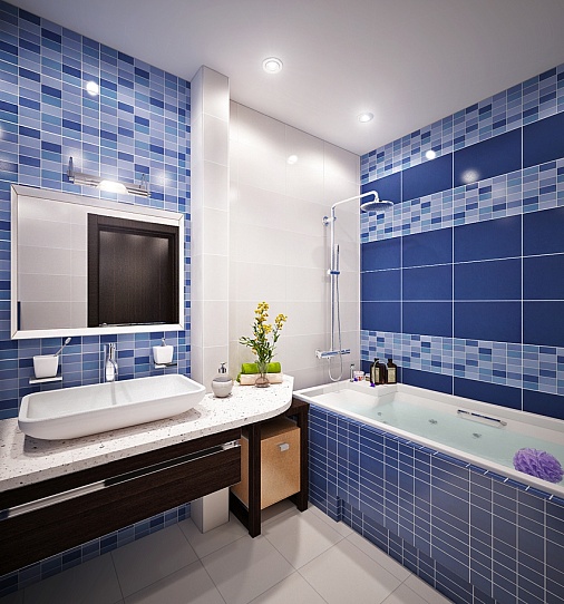 Классический тандем синего и белого цвета для вашей ванной