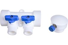 Коллектор Kalde PP-R со встроенными кранами и воздухоотводчиком, 40мм х 20мм на 2 выхода, синий 3272-mnb-400220