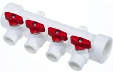 Коллектор полипропиленовый Millennium 32 мм, с кранами, 4 выхода, красная ручка 3M62-mnr-320420