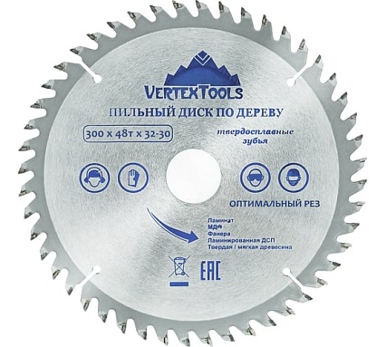 Диск пильный по дереву (300х32-30 мм; 48 зубов) Vertextools 300-48-32