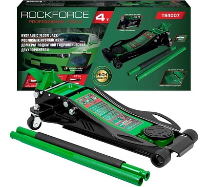 Домкрат подкатной гидравлический Rockforce низкопрофильный двухпоршневой с резиновой накладкой и быстрым подьемом 4т (h min 78мм, h max 500мм) RF-T84007(61642)