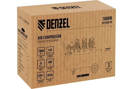 Безмаслянный малошумный компрессор Denzel DLS 1800/100,1800 Вт, 3x600, 100 л, 345 л/мин 58028