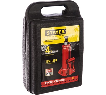 Гидравлический бутылочный домкрат Stayer RED FORCE, 4т, 195-380 мм, в кейсе, 43160-4-K 43160-4-K_z01