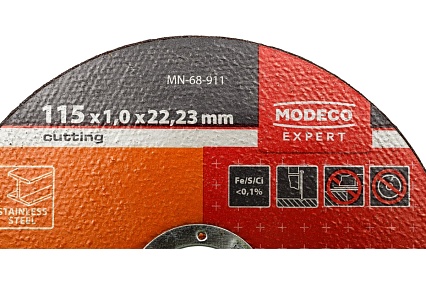 Диск для резки нержавеющей стали 115x1.0x22.23 мм, плоский MODECO MN-68-911