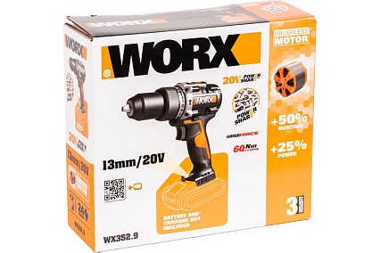 Ударная аккумуляторная дрель-шуруповерт Worx 60 Нм, 20 В, бесщеточная, без АКБ и ЗУ WX352.9