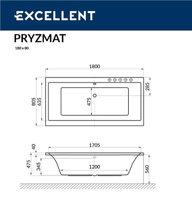 Акриловая ванна Excellent Pryzmat 180x80