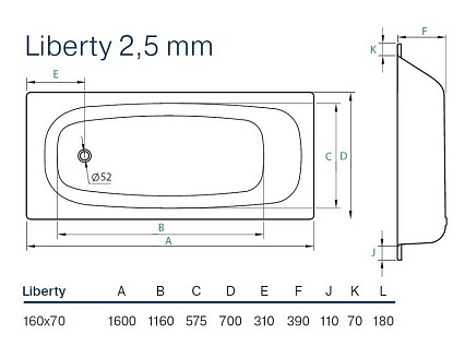 Стальная ванна Koller Pool Liberty B60C2200E 160x70