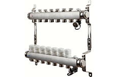 Коллектор для теплого пола Sanext нержавеющая сталь, с запорн., в/о и дренаж., ДУ25, ВР1"х 7 конт. НР 3/4" 8597