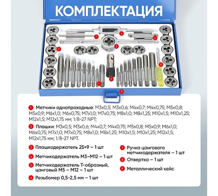 Набор метчиков и плашек 40 предметов М3-М12 метрическая резьба Car-tool CT-W040