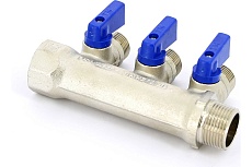 Коллектор Tiemme 3 отвода, с шар. клапанами 1х1/2&quot;(16) (никель) 1820007 / 1833N160403