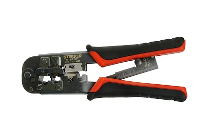 Кримпер STEKKER CTLS007 для обжима RJ разъемов RJ-45 (8P8C), RJ-12 (6P6C) и RJ-11 (6P4C и 6P2C), черный/красный, 49613