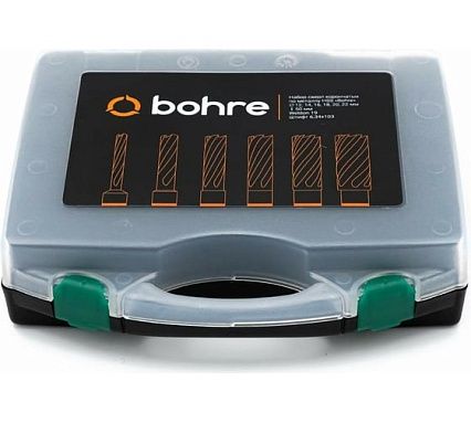 Набор сверл корончатых по металлу HSS Bohre 12,14,16,18,20,22 мм х55 Weldon 19, штифт 6,34х103 КБ003623