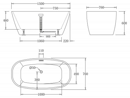 Акриловая ванна BelBagno BB72-1500 150x76 см со сливом-переливом хром