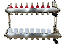 Коллектор для теплого пола Sanext 8528-1 нержавеющая сталь, с расходомерами, автоматический в/о и дренажный клапан, ДУ25, ВР1x8 конт. НР 3/4
