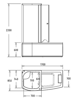 Акриловая ванна Gemy G8040 C 170x85 с г/м, левая